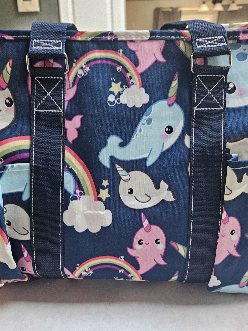 Cute Narwhal Rainbow Tote Bag - Navy Background